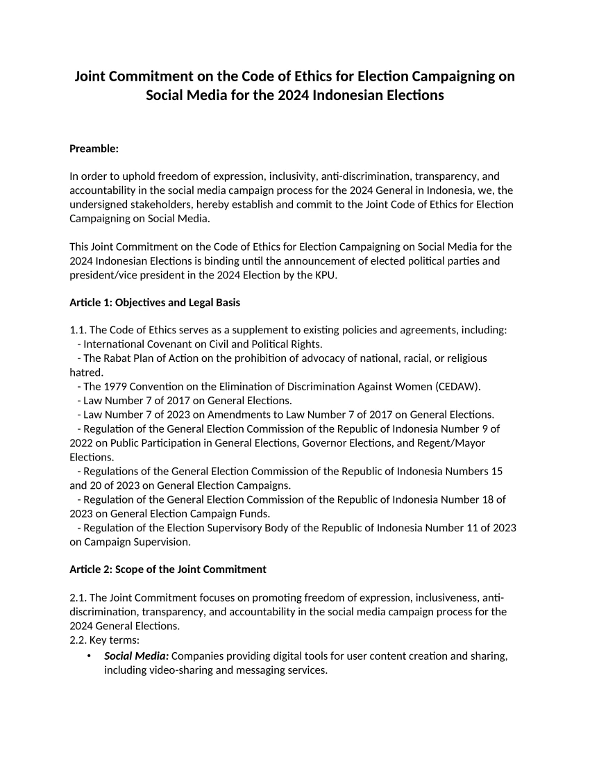 Joint Commitment on the Code of Ethics for Election Campaigning on ...